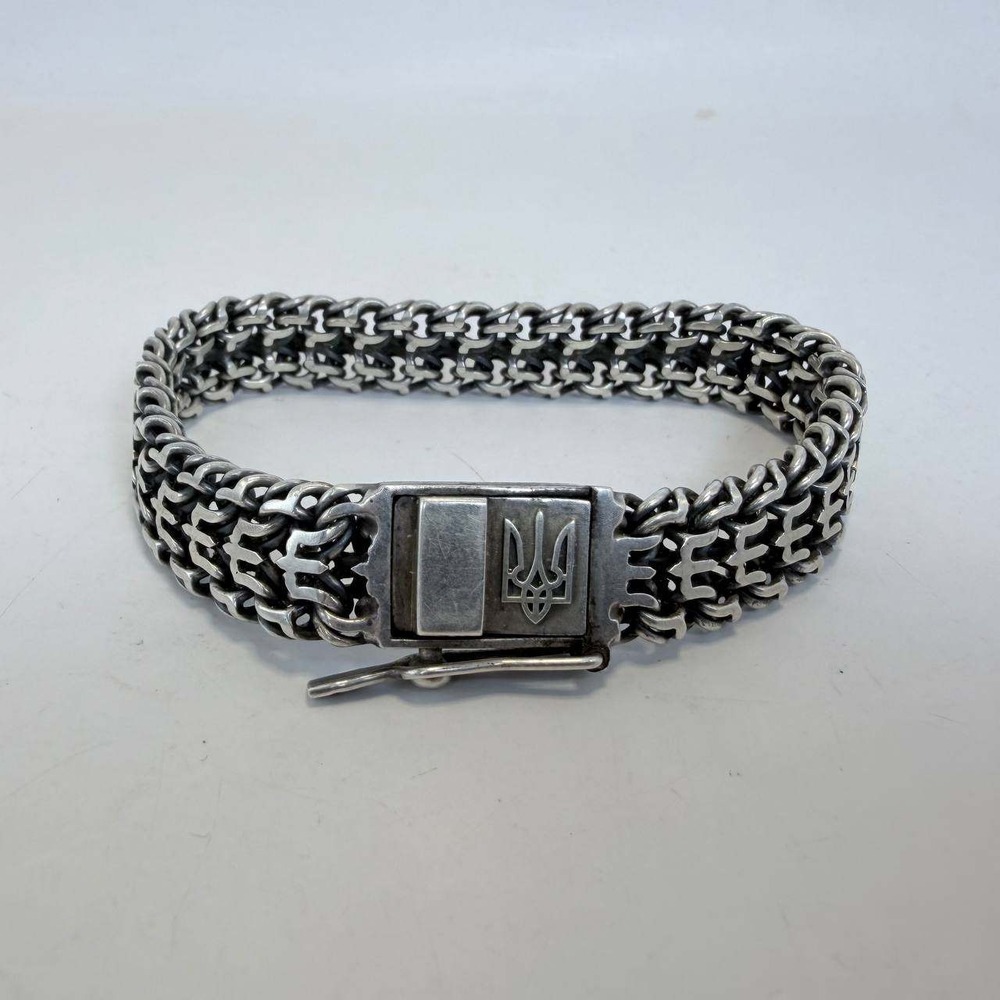 Mens Sterling Silver 8.5" Ukrainian Tryzub Trident Byzantine Chain Bracelet 54g